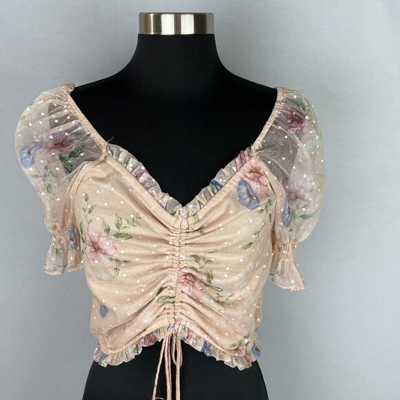 Willow Top Crop Floral Semi Sheer Ruffled Bohemian Polka Dot Pretty M - Picture 2 of 7